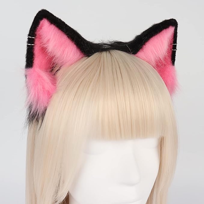 QinRuan Animal Cosplay Costume Accessories Furry Faux Fur Cat Ears Headband and Fox Tail Set Halloween Accessory