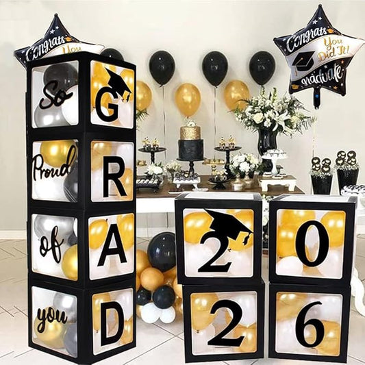 2026 Graduation Party Decoration Black Balloon Boxes with Letters 2026 Grad & So Proud of You and 20 pcs Ballons