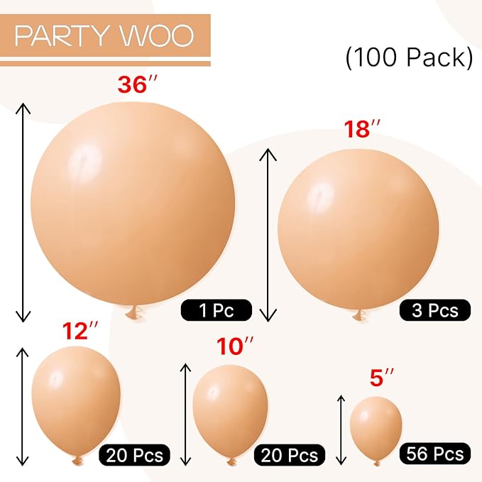 PartyWoo Nude Balloons 100 pcs Different Sizes Pack of 36 18 12 10 5 Inch Beige Apricot Balloon Arch Kit Garland for Thanksgiving Graduation Baby Shower Boho Theme Birthday Party Decorations Nude-Y103