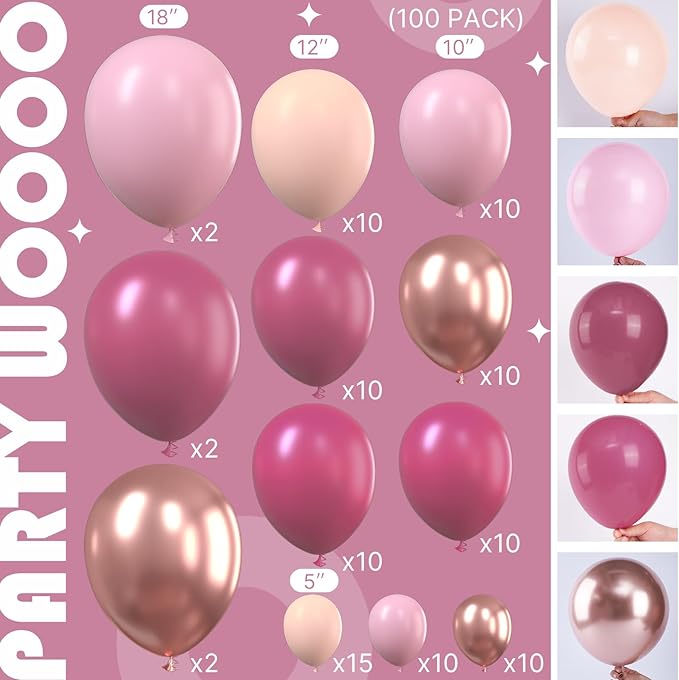 PartyWoo Dusty Pink Balloon Arch Kit Garland 100 pcs Shades of Pink and Dusty Rose Balloons Different Sizes of 18 12 10 5 Inch for Valentine's Day Bridal Shower Wedding Anniversary Party Decorations