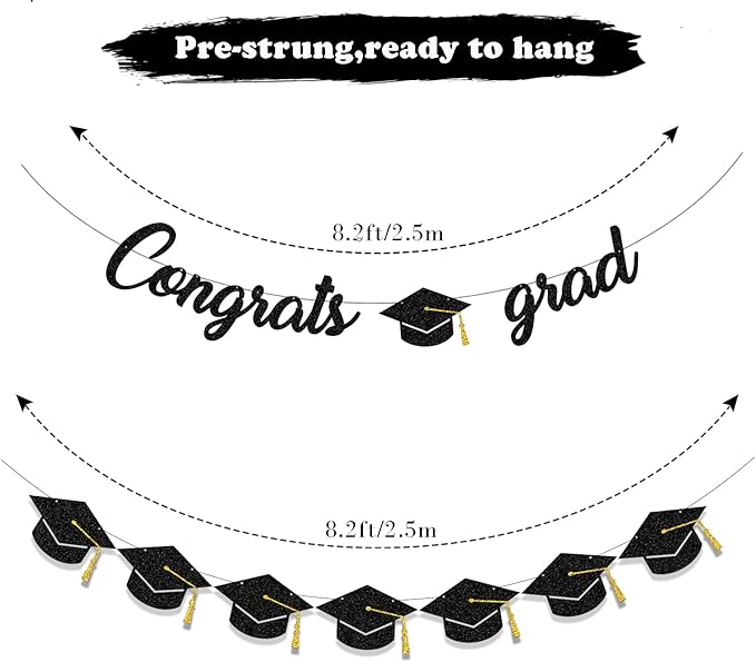 Graduation Decorations Class of 2025 Party Supplies - Congrats Grad Banner and Graduation Cap Banner (Pre-Strung)