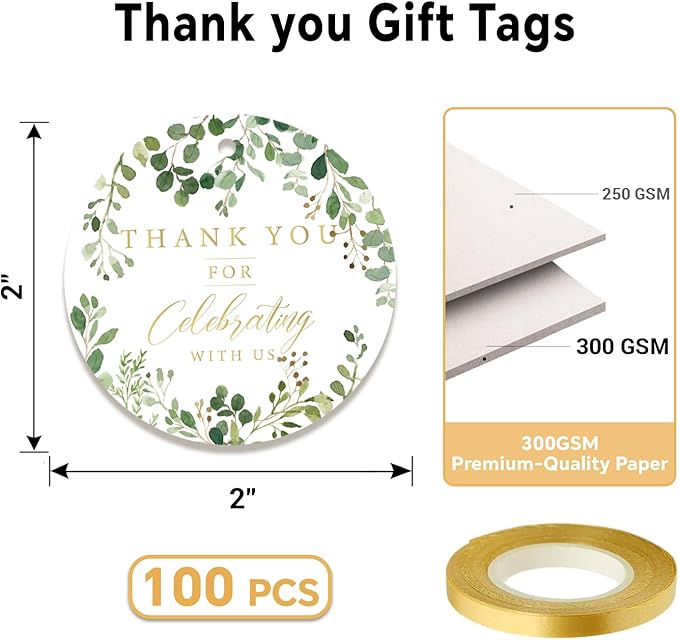 50PCS Thank You Gift Tags, 2x2 inch Green Floral Personalized Gift Tags with String for Wedding Birthdays Party Favors Baby Shower Bridal Shower