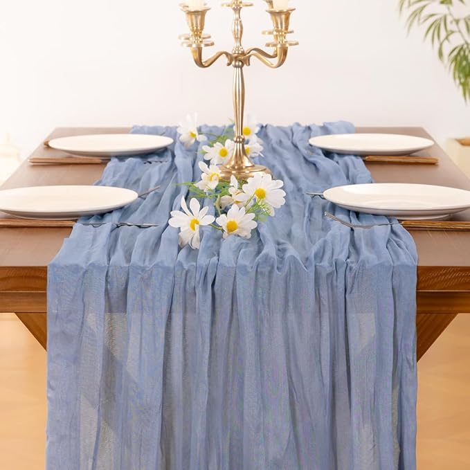Socomi 3pcs Dusty Blue Fall Thanksgiving Cheesecloth Table Runner Boho Rustic Gauze 120 inch 10FT Cheese Cloth Runner for Wedding Party Baby Shower Birthday Home Decor Holiday Decorations