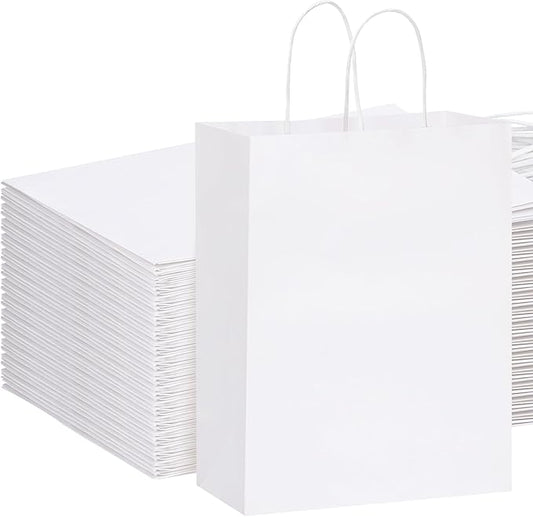 OUTUXED 100pcs White Paper Gift Bags 10x5x13in Kraft Large Paper Bags with Handles Bulk for Business, Shopping, Grocery, Retail, Birthday Wedding Party Favor, Merchandise