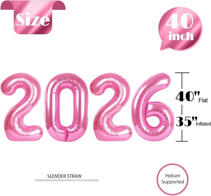 2026 Balloon Numbers - 40 Inch Pink New Years Eve Party Supplies 2026, Nye Decor Party Decorations Happy New Year, New Years Eve Foil Party Balloons