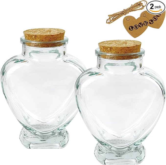 2 Pcs Heart Shaped Glass Bottle with Cork Stopper,160ml Large Empty Jar Decorative for Paper Stars,Wedding Wishes Love Notes Pet Hair Memory Keepsake Romantic Gift 3.3" Opening（Love）