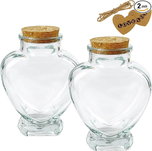 2 Pcs Heart Shaped Glass Bottle with Cork Stopper,160ml Large Empty Jar Decorative for Paper Stars,Wedding Wishes Love Notes Pet Hair Memory Keepsake Romantic Gift 3.3" Opening（Love）