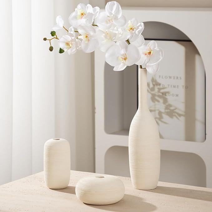 Ceramic Vase Set of 3 Flower Vases Home Decor Modern Boho Rustic Farmhouse Large Decorative Aesthetic Minimalist Matte Vases for Centerpieces Living Room Table Shelf (Beige White)