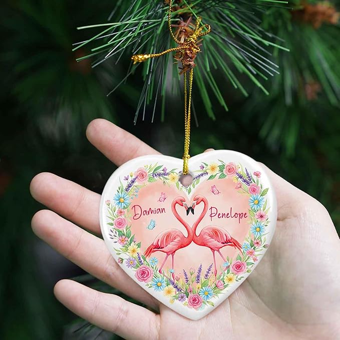 Couple Flamingo Marriage Christmas Heart Ornament 2025, Personalized Ornament Gift for Just Married Wedding, Pink Flamingo with Floral Keepsake, Custom Names Couple Bird Ceramic Ornaments Xmas