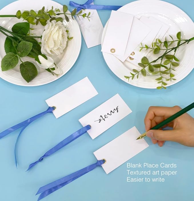 25 Pcs Name Place Cards Blank Seat Card, 2 x 4 in Table Cards with Stain Ribbon, Wedding Place Card, Hanging Tags for Wedding table Setting Reserved Chairs Signs Dinner Banquet Parties.(Blue)