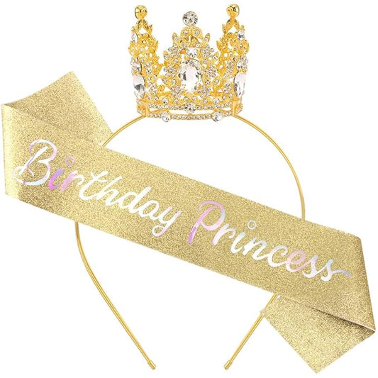 Birthday Princess Sash for Women Tiara & Crowns Headbands for Girls Happy Birthday Party Accessories Favor Supllies Leona Pink Gold, 2 Pack