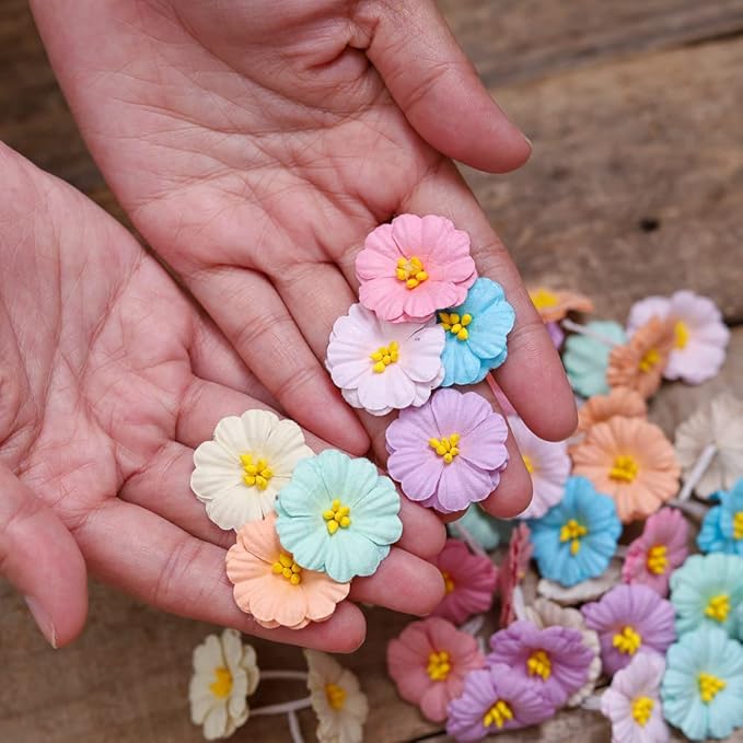 Artificial Handmade Lovely Blossom Mulberry Paper Craft Flowers, Scrapbooking 50 Pcs (Pastels Tone)
