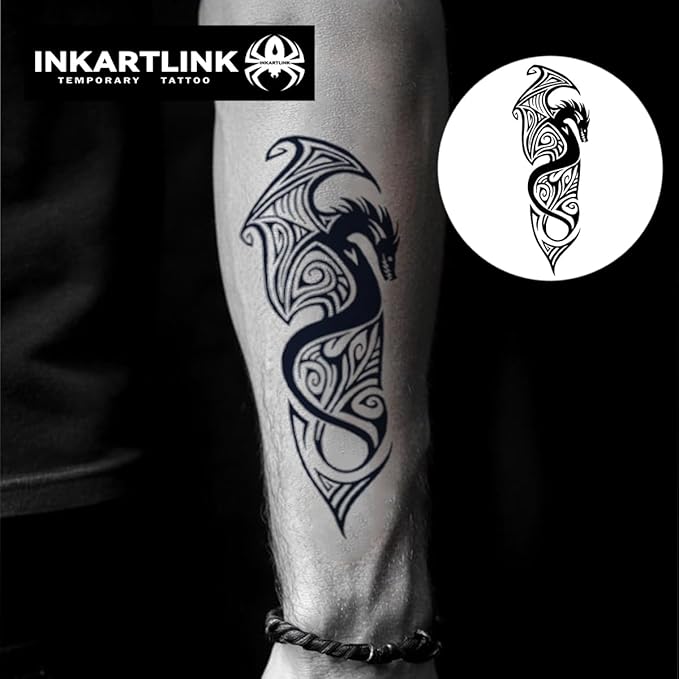 INKARTLINK Tattoo Tech, 2 Sheets Medium Semi Permanent Tattoo, Adult Art Design Temporary Tattoos, Lasts 1-2 Weeks, Waterproof, Realistic Look, No Adhesive, No Reflection (Evil Dragon Design)