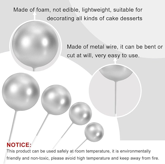 ASTARON 20 Pcs Ball Cake Topper Decorations Mini Balloons Cake Topper Sticks Silver Cake Balls for Graduation Wedding Birthday Cake Decorations