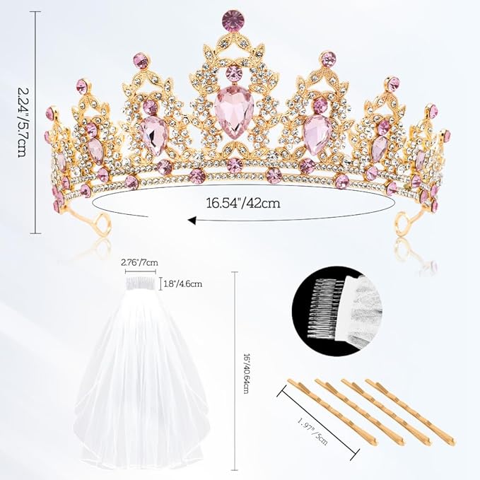 Gold Crown and Wedding Veil Set Crown Headband Pink Tiara Wedding Crown for Bride Pink Crown Bachelorette Veil Wedding Veil Headband Tiara Adult for Bachelorette Wedding Party Anniversary