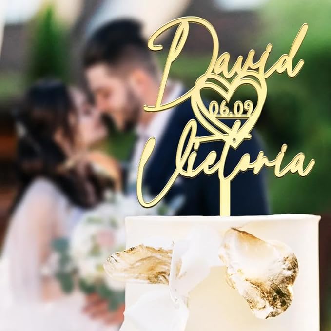 Personalized Cake Topper - Wedding Decoration, Anniversary Keepsake, Engagement Gift for Couple - Couple Name With Heart Anniversary Wedding Date