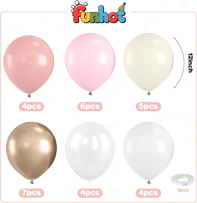 Blush Pink and Gold Balloons,12 Inch Retro Blush Light Pink Pearl White and Metallic Gold Balloon with Confetti Balloons for Birthday Wedding Bridal Shower Theme Party Decorations