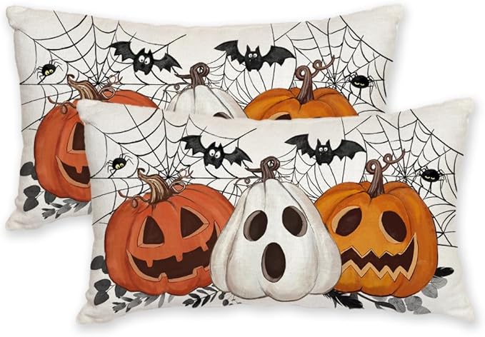 AACORS Halloween Pillow Cover 12X20 Set of 2,Pumpkin Jack-O'-Lanterns Bat Web Decoration Holiday Farmhouse Pillow Case Decor for Home Sofa Couch AA306-12-2