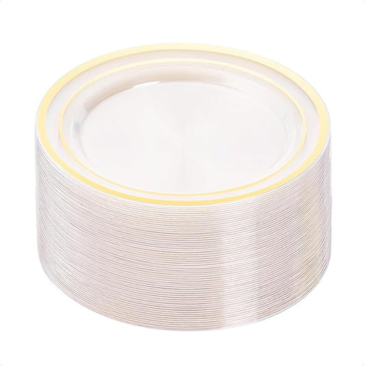 BESTVIP 50PCS Clear Gold Plastic Plates, 10.25 Inch Disposable Dinner Plate Party with Gold Rim, Heavy Duty Disposable Plastic Plates for Christmas, Thanksgiving, Party, Wedding and Birthday