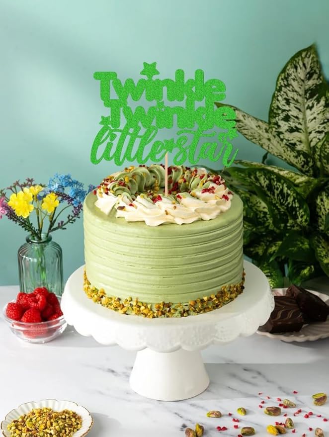 Twinkle Twinkle Little Star Cake Topper - Glitter Green Baby Shower Party Cake Decoration, Perfect for Gender Reveal Party, 1st birthday Party or Photo Booth Props (Green)