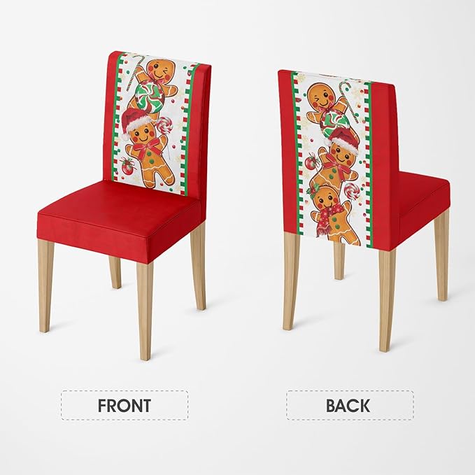 Horaldaily 4PCS Christmas Dining Chair Covers, Gingerbread Man Candy Cane Stretch Removable Washable Slipcover Chair Protector for Dining Room Home Decor