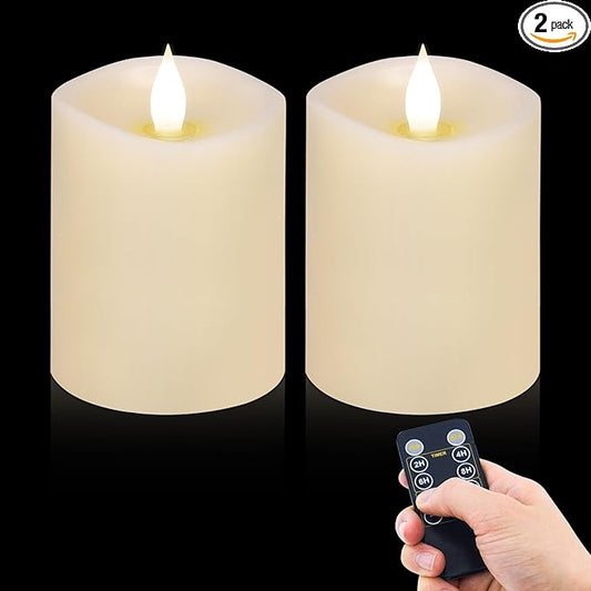 3x4 Flickering Flameless Candles Set of 2,Real Wax LED Battery Candles,with Timer,4 inch Flameless Candles with Remote,Battery Operated Candles,for Wedding Holiday Home Decor,Ivory