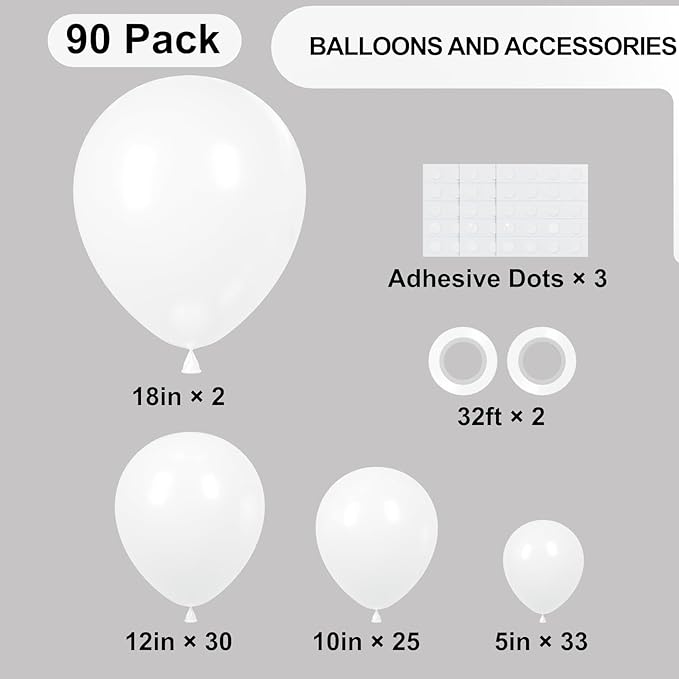 90pack White Balloons Different Size 18/12/10/5 Inch Pearl White Balloon Garland Arch Kit for Wedding, Birthday, Graduation, Bridal Shower, Baby Shower, Bachelorette Decorations