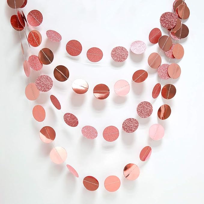 Cheerland Glitter Rose Gold Circle Dot Garland for Rose Gold Party Decorations Hanging Banner Streamer Backdrop Decor Birthday Bday Bridal Shower Bachelorette Ramadan EID Graduation Party Supplies