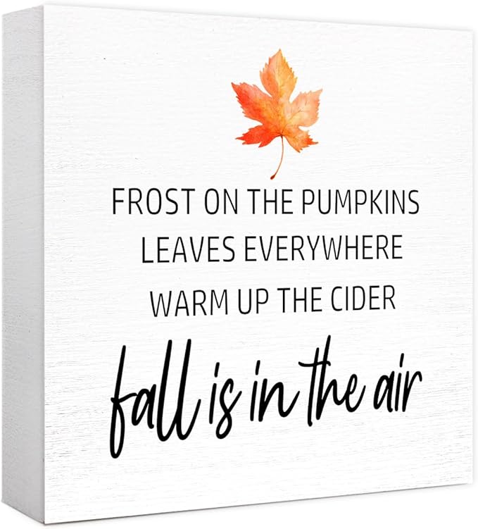 Funny Autumn Maple Leaves Wood Box Sign Fall is in the Air Wooden Block Desk Decor for Home Office Kitchen Cubicle Table Shelf Tabletop,Farmhouse Fall Sign Decor