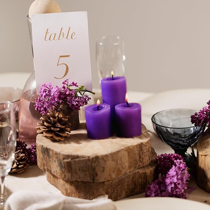 9 Packs Unscented Purple Votive Candles, Small 1.5 Inch by 1.25 Inch Colored Wax Candles for Wedding, Home Party Table Decoration - 8 Hours Burn Time