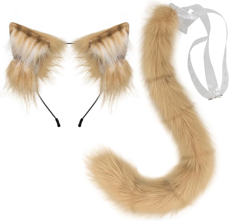 QinRuan Animal Cosplay Costume Accessories Furry Faux Fur Cat Ears Headband and Fox Tail Set Halloween Accessory