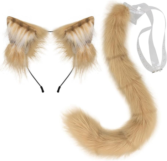QinRuan Animal Cosplay Costume Accessories Furry Faux Fur Cat Ears Headband and Fox Tail Set Halloween Accessory