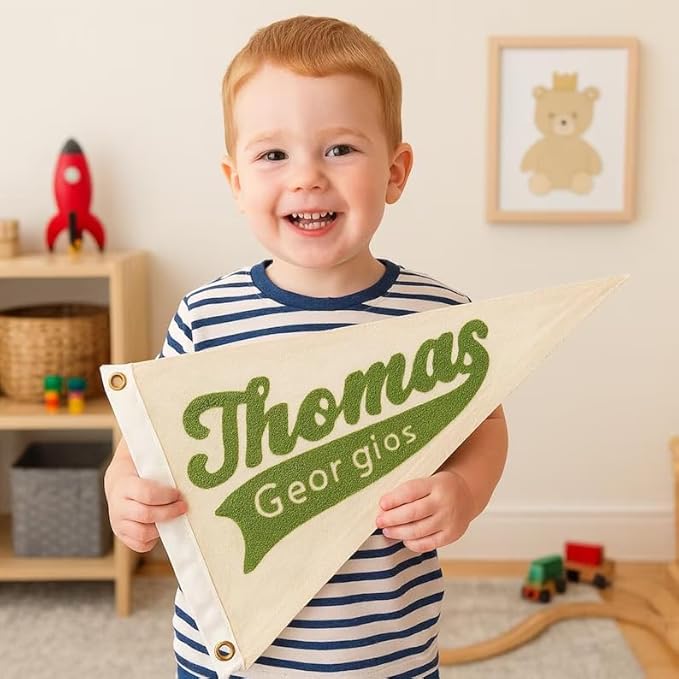 Personalized Name Pennant Flag, Handmade Embroidered Custom Canvas Nursery Pennant for Boy Girl, Baby Name Banner Flag Wall Hanging for Bedroom Dorm Baby Shower Kids Room