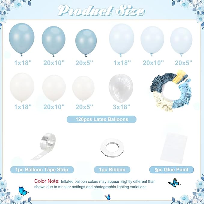 Dusty Blue Balloon Arch Kit 126 Pcs Light Blue and White Balloon Arch Garland Kit Include Macaron Balloons for Wedding Birthday Baby Shower Gender Reveal Bridal Decorations