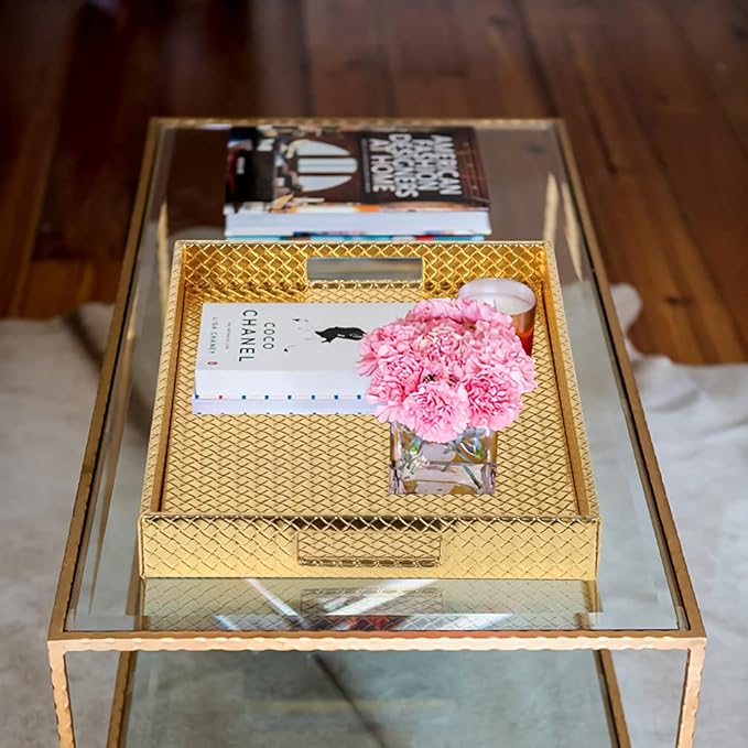 HofferRuffer Rectangle Serving Tray with Hole Handles for Coffee Table, Breakfast, Tea, Food, Butler - Countertop, Kitchen, Vanity Serve Tray, 16.2 x 12.2 x 2 inches, Faux Leather (Gold)