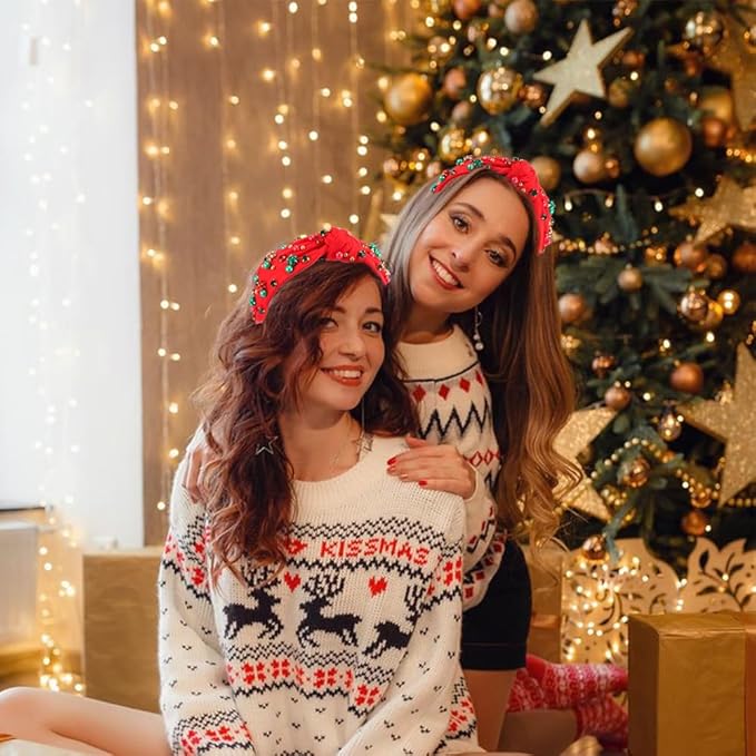 TODDER Red Christmas Knotted Headband, Santa Embellished Pearl Rhinestone Crystal Headband for Women and Girls Christmas Hair Accessories Costumes and Gifts for Themed Parties and Holiday