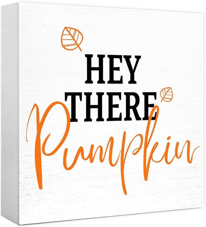 Funny Autumn Maple Leaves Wood Box Sign Hey There Pumpkin Wooden Block Desk Decor for Home Office Kitchen Cubicle Table Shelf Tabletop,Farmhouse Fall Sign Decor
