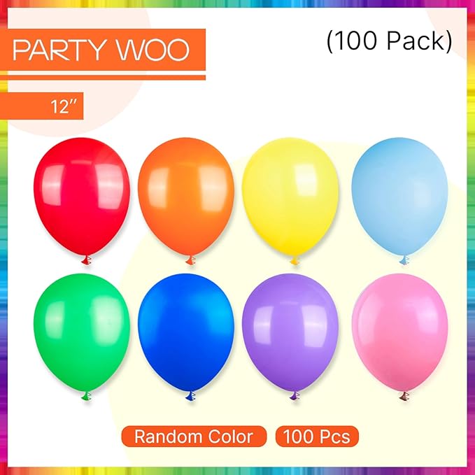 PartyWoo Assorted Colors Rainbow Balloons 100 pcs 12 Inch Multicolor Colorful Latex Helium Primary Color Balloon for Graduation Baby Shower Gender Reveal Rainbow Theme Birthday Party Decorations