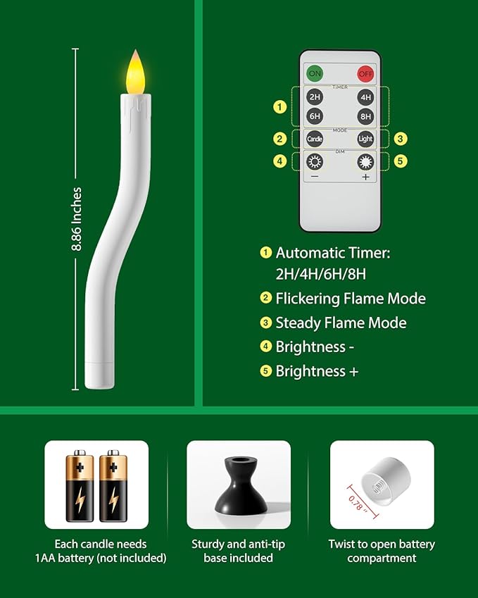 COOLWUFAN Window Candles with Remote Timer, 6 Pcs Flameless Taper Candles Battery Operated with Black Holder, Realistic LED Flickering Flame Dripless, Christmas Decorations Indoor for Home Party Fall