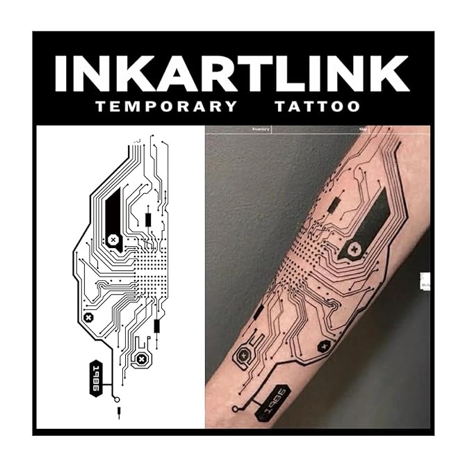 INKARTLINK Tattoo Tech, 2 Sheets Large Semi Permanent Tattoo, Adult Art Design Temporary Tattoos, Lasts 1-2 Weeks, Waterproof, Realistic Look, No Adhesive, No Reflection (Machine)