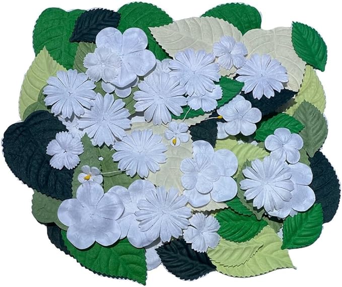 100 Pcs Handmade Mixed Mulberry Paper Flowers Petals and Leaves Scrapbooking Wedding DIY Craft Supplies Card (White Colors Flowers/Green Tone Leaves)