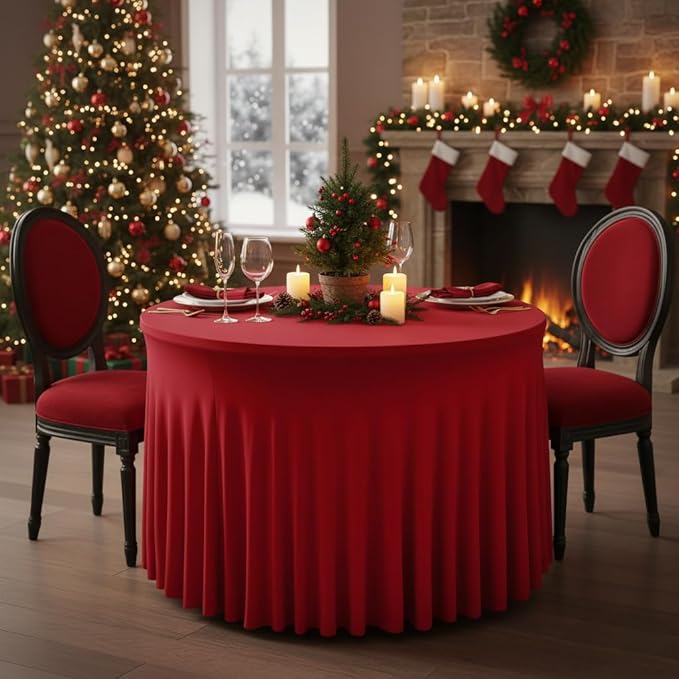 HolidayIdeas 6 Pack Red Spandex Table Skirt for 60 Inch Round Table, Fitted Stretch Covers for Christmas Receptions, Holiday Galas