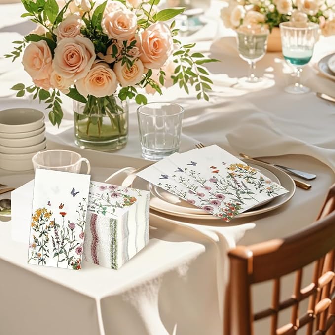 Floral Napkins 100 Pcs Watercolor Floral Paper Napkins Disposable Decorative Florals Cocktail Napkin Spring Flower Napkin Wildflower Dinner Napkin Guest Hand Towels for Wedding Baby Shower Birthday