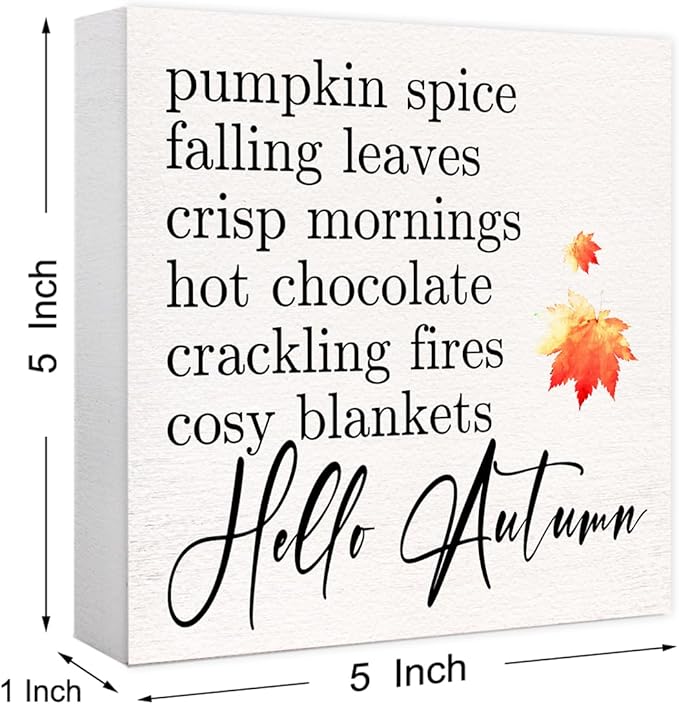 Funny Autumn Wood Box Sign Hello Autumn Wooden Block Desk Decor for Home Office Kitchen Cubicle Table Shelf Tabletop,Farmhouse Fall Sign Decor