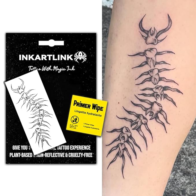 INKARTLINK Semi-Permanent Tattoos, Creative Halloween Party Dark Tattoo, Exquisite and Realistic Design, Interesting Tattoo Experience, Cruelty-free, Non-reflective, Waterproof (Skull Centipede)