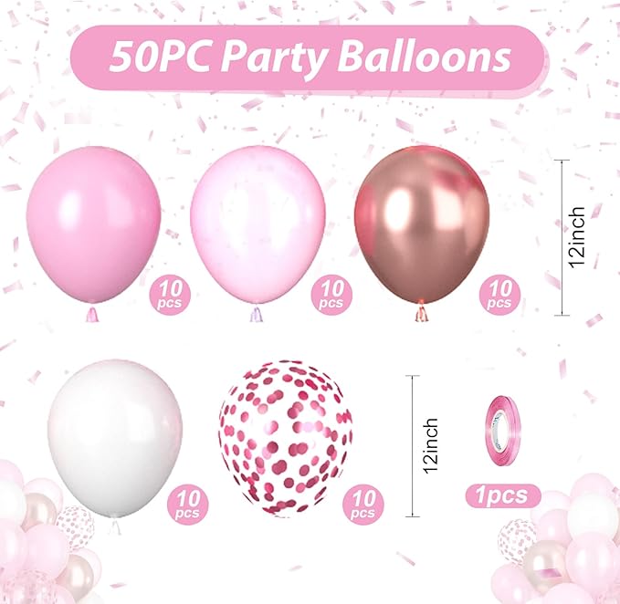 Pink Balloons, 50pcs Pink and White Balloons, Rose Gold Macaron Pearl Latex Party Balloon Confetti Balloon for Girl Woman Valentine Birthday Party Baby Shower Gender Reveal Wedding Decorations