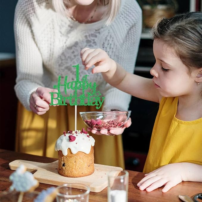 Glittery 1st Happy Birthday Cake Topper with Star,Personalised 1 Birthday Cake Toppers Party Decorations Party Supplies for Baby Boys Girls Green Gold