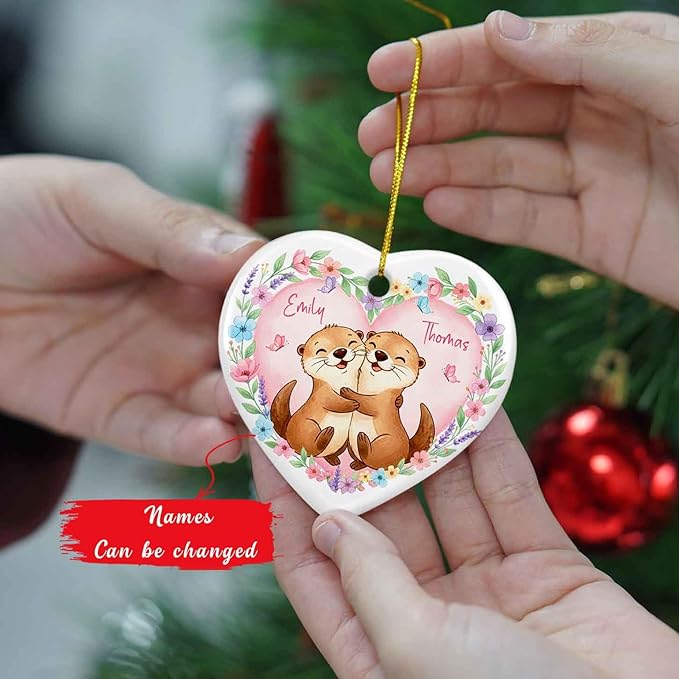 Couple Otter Together Ornament Christmas, Personalized Hugging Otters Ceramic Xmas Ornament, Gift for Couple Newlyweds Boyfriend Girlfriend, Custom Names Mr & Mrs Otter Married Ornaments Xmas