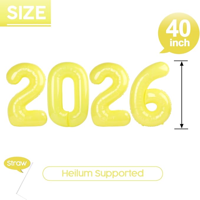 2026 Balloon - Yellow Birthday Number Balloons, 40 Inch Large Foil Balloons for Men Women Boys Girls Macaron Yellow Themed Birthday Decorations，Number 2026 Balloon