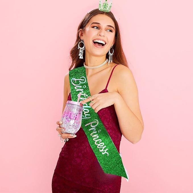 AOPRIE Birthday Princess Sash for Women Tiara & Crowns Headbands for Girls Happy Birthday Party Accessories Favor Supllies Leona Silver Pink Green, 2 Pack